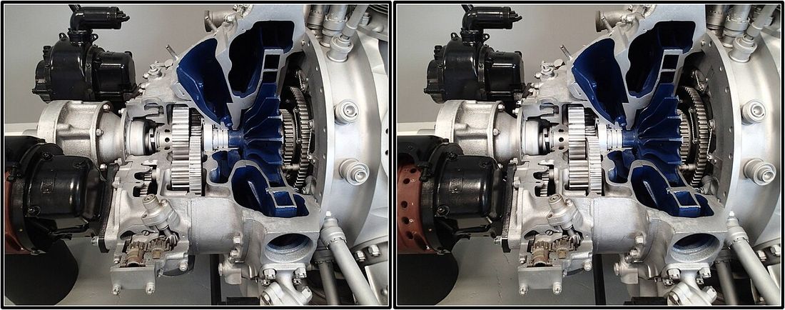 A supercharger mounted on top of a V8 engine at a car show