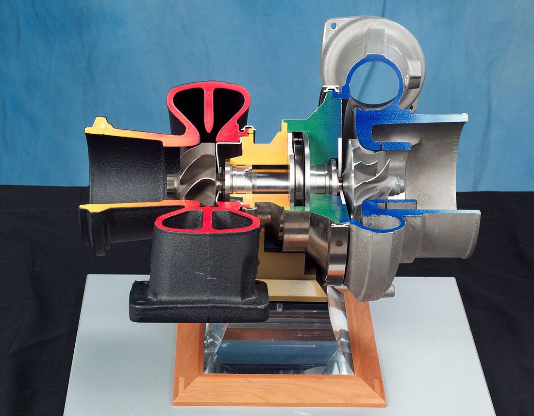 A turbocharger showing its turbine and compressor wheels